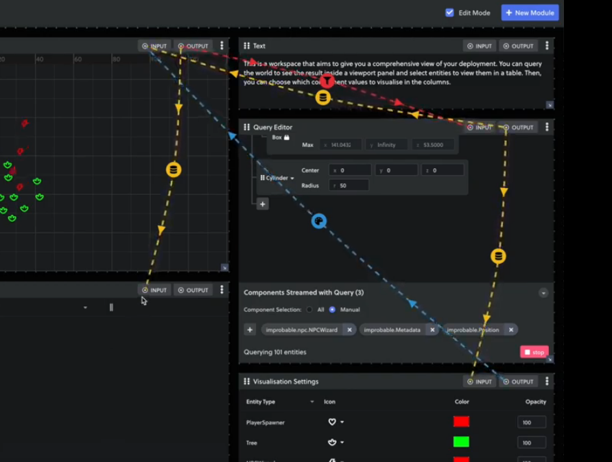 Inputs and outputs between modules in the SpatialOS inspector