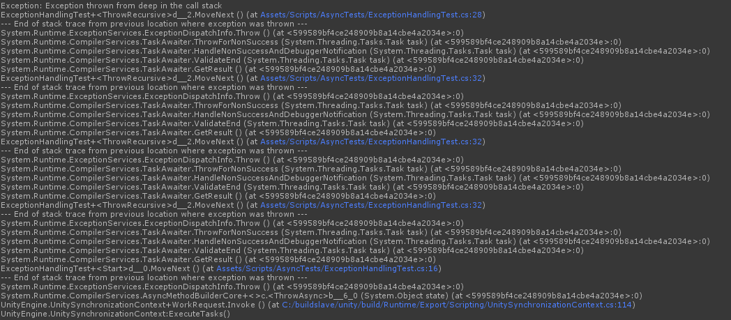 Exception stack trace showing up in the Unity editor logs.